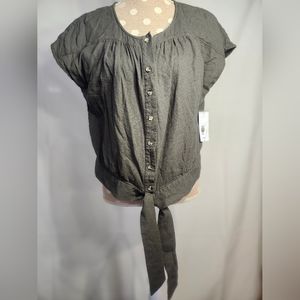 Women's Olive Tie-Front Button Blouse